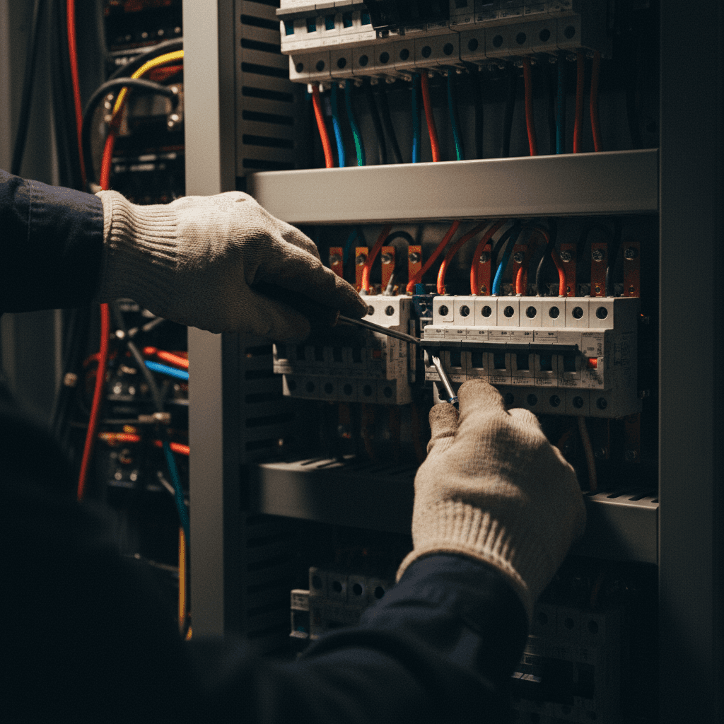 Electrician installing circuit breaker in electrical panel