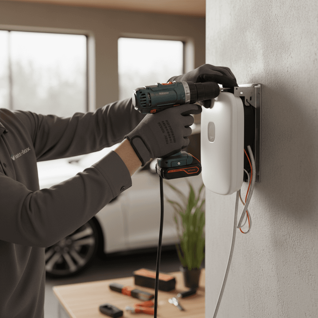 Electrician testing and verifying EV charging station installation