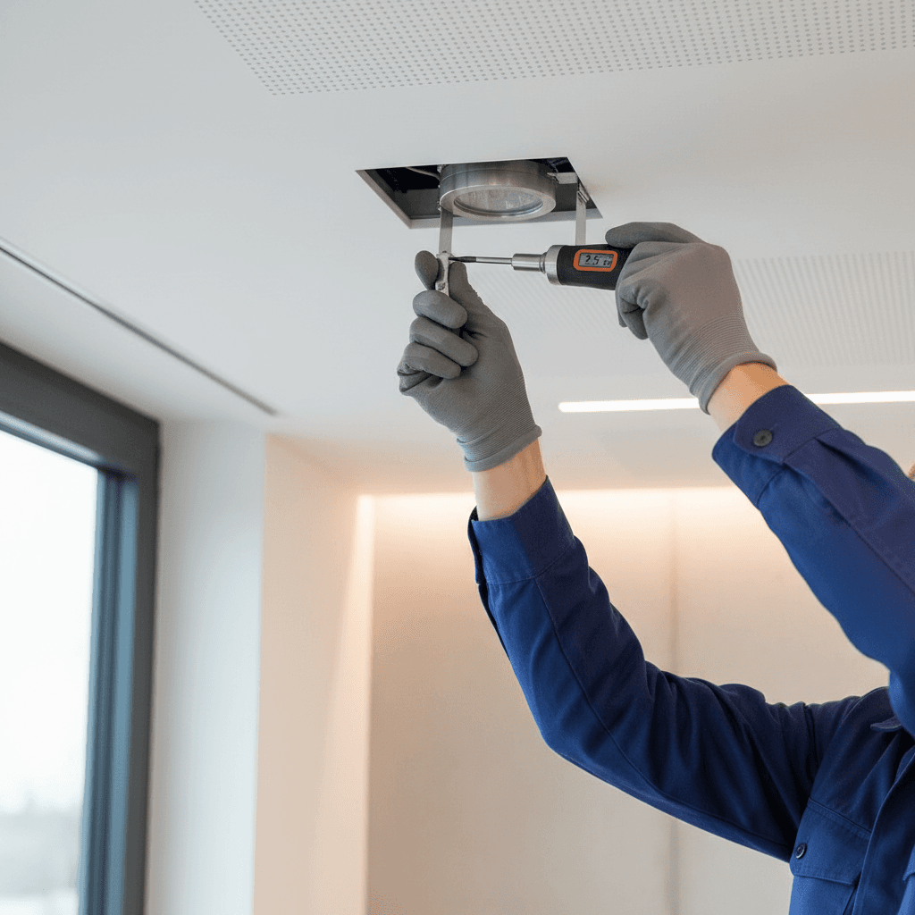 Completed indoor recessed lighting installation in residential ceiling
