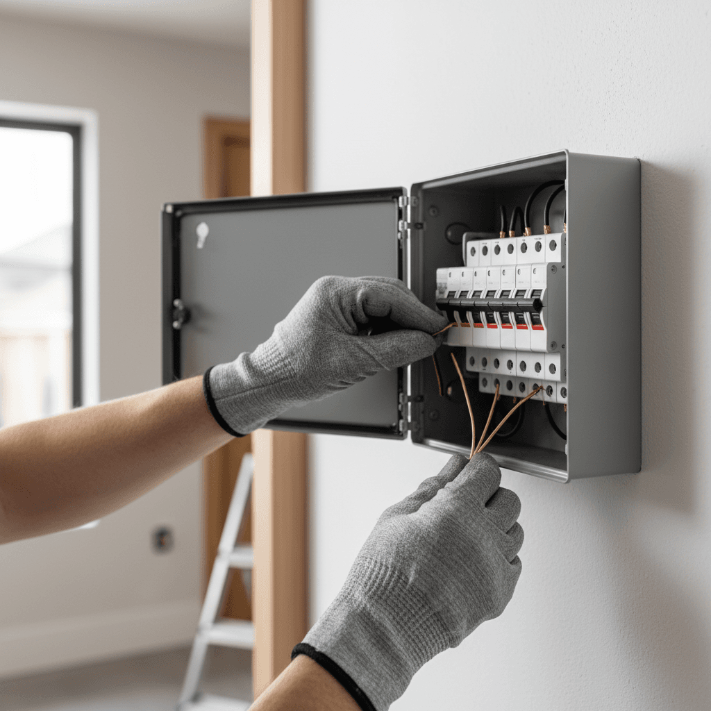 Electrician installing circuit breaker in residential panel